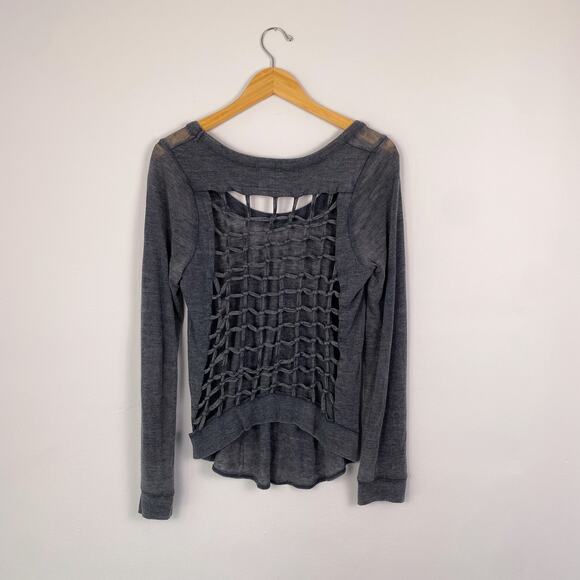 Chaser Scoop Neck Sweater with Woven Lattice Open Back Gray Small - Picture 2 of 6